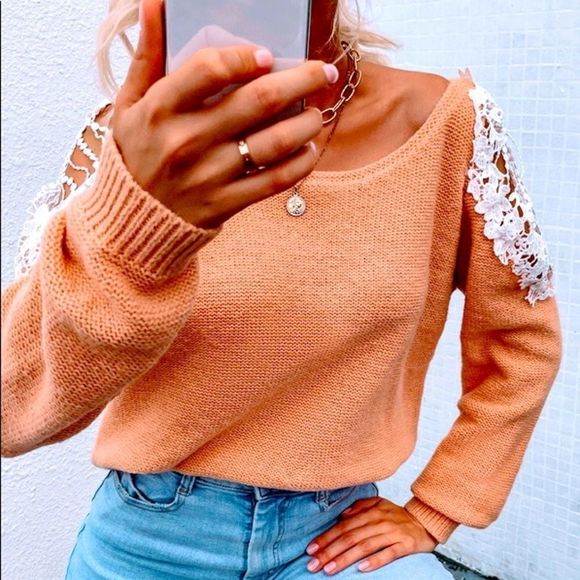 NWT! SCOOP NECK CONTRAST LACE CUT OUT SLEEVE DETAIL SWEATER IN LIGHT ORANGE 🍊! - Picture 11 of 13